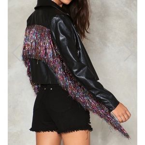Rebel Rebel Fringe Faux Leather Moto Jacket